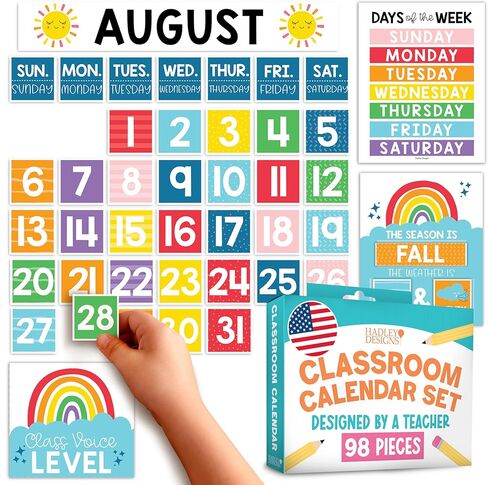 Classroom Calendar Set Bulletin Board Decor – School Calendar For Classroom Elementary & Preschool, Bulletin Board Decorations With Weather Chart & Seasons, Retro Teacher Must Haves in Saudi Arabia