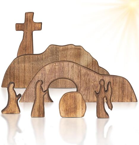 Zixuan the the Tomb Easter Scene و Cross Decoration ، Tomb Tomb Easter Tray Bundle Kit ، Wooden Easter Jesus Signics Tier Sray For the Home ، Tabletop ، Office (Wood) ، 9.06* 6.03 '' in Kuwait