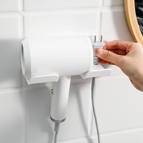 1 PCS White Universal Hair Dryer Holder for Bathroom, Self Adhesive Wall Mount Hanger for Hair Dryer Hook with Plug Organizer in Saudi Arabia