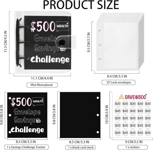 Mini Money Saving Binder مع 25 مظاريف نقدية 500 دولار للتوفير الأموال تحدي التحديات التي تحدي التوفير القابلة لإعادة الاستخدام كتاب ميزانية مع الملصقات ، موثق المدخرات ، الهدايا لعيد الميلاد ، العام الجديد in Saudi Arabia