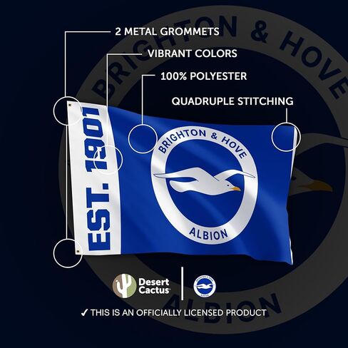 صبار الصحراء برايتون وهوف ألبيون علم BHAFC Seagulls 100% بوليستر للاستخدام الداخلي والخارجي 3 × 5 أقدام معدات مرخصة رسميًا (التصميم A) in Saudi Arabia