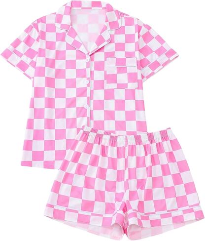 Wdirara Women's Plaid Checkered Pajama تعيين زر قصير الأكمام أسفل السراويل القصيرة PJS 2 قطعة سمين in Saudi Arabia