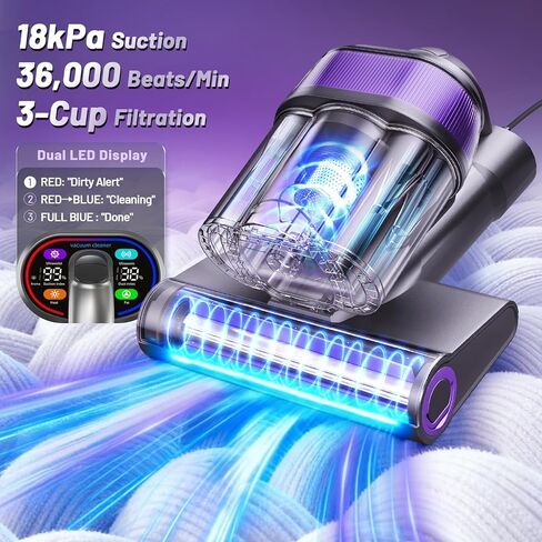 مكنسة كهربائية للمرتبة بشاشة عرض LED، مكنسة كهربائية للسرير 18 كيلو باسكال مع ضوء 253.7 نانومتر للأشعة فوق البنفسجية، وفلتر HEPA والموجات فوق الصوتية، حرارة 149 درجة فهرنهايت، مكانس يدوية متعددة الاستخدامات بثلاثة أكواب لأريكة السرير والسجاد وشعر الحيوانا in Kuwait