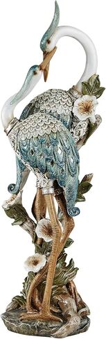 Devoted Cranes Table Sculpture Teal - Made of Resin Coastal Crane Shorebirds - Glitter Accents - Bird Statue - Flowers, Vining Leaves Base - Measures 5 Inches Wide, 16 Inches High in Saudi Arabia