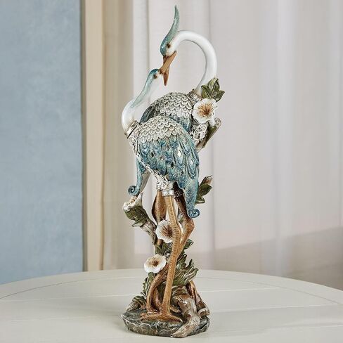 Devoted Cranes Table Sculpture Teal - Made of Resin Coastal Crane Shorebirds - Glitter Accents - Bird Statue - Flowers, Vining Leaves Base - Measures 5 Inches Wide, 16 Inches High in Saudi Arabia