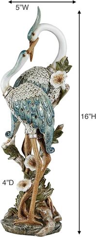 Devoted Cranes Table Sculpture Teal - Made of Resin Coastal Crane Shorebirds - Glitter Accents - Bird Statue - Flowers, Vining Leaves Base - Measures 5 Inches Wide, 16 Inches High in Saudi Arabia