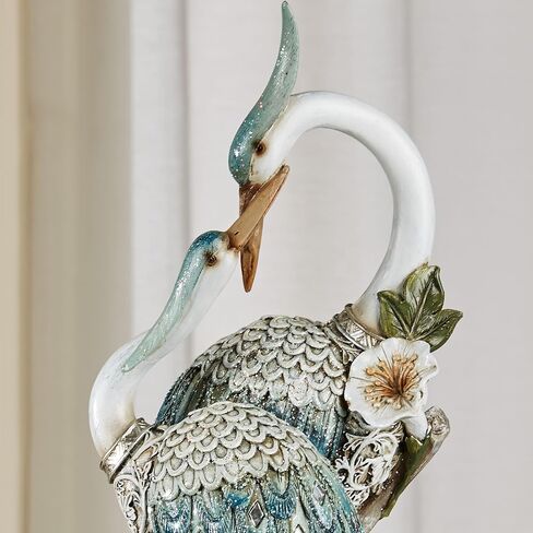 Devoted Cranes Table Sculpture Teal - Made of Resin Coastal Crane Shorebirds - Glitter Accents - Bird Statue - Flowers, Vining Leaves Base - Measures 5 Inches Wide, 16 Inches High in Saudi Arabia