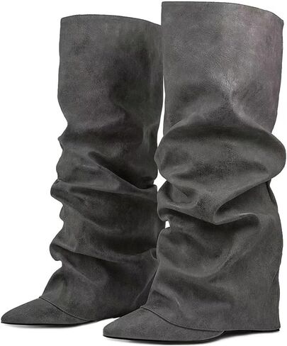 Fold Over Boots Slouch Block Heels Dressy Knee Boots in Saudi Arabia