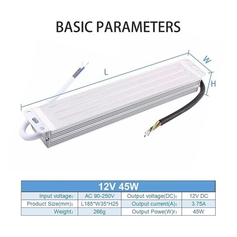 Lighting Transformer 90-250V AC to DC 12V 45W 3.75A Driver Adapter Aluminum Outdoor IP67 Waterproof Switching Power Supply in Kuwait