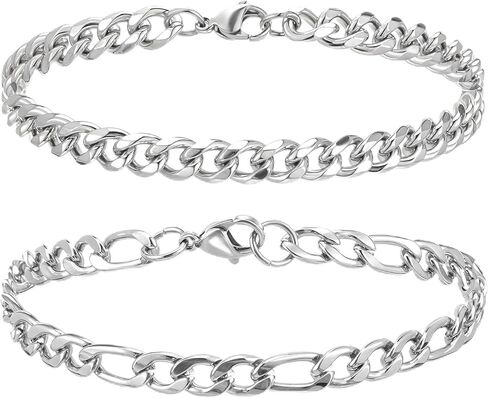 سوار سلسلة للرجال 2 PCS الفضة مطلية فيجارو حبل سوار كوبي رابط سوار مجموعة الأساور الفولاذ المقاوم للصدأ الأساور المعدنية مقاوم للماء المجوهرات للرجال أبي زوج صديقها in Kuwait