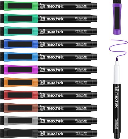 maxtek Dry Erase Markers Ultra Fine Tip, Magnetic Markers with Eraser for Planning Whiteboard, Calendar Boards, 12 Colors, Low Odor in Saudi Arabia