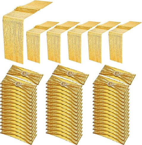 54 Pieces of Gold Sequin Chair Ribbons and Table Runners, 48 ​​Sequin Chair Bows, 6 Glitter Table Runners, Suitable for Wedding Parties Birthday Meeting Events Decorations (Gold) in Saudi Arabia