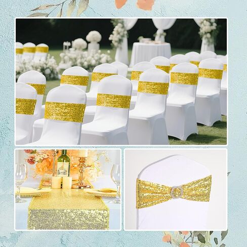 54 Pieces of Gold Sequin Chair Ribbons and Table Runners, 48 ​​Sequin Chair Bows, 6 Glitter Table Runners, Suitable for Wedding Parties Birthday Meeting Events Decorations (Gold) in Saudi Arabia