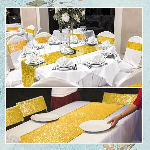 54 Pieces of Gold Sequin Chair Ribbons and Table Runners, 48 ​​Sequin Chair Bows, 6 Glitter Table Runners, Suitable for Wedding Parties Birthday Meeting Events Decorations (Gold) in Saudi Arabia