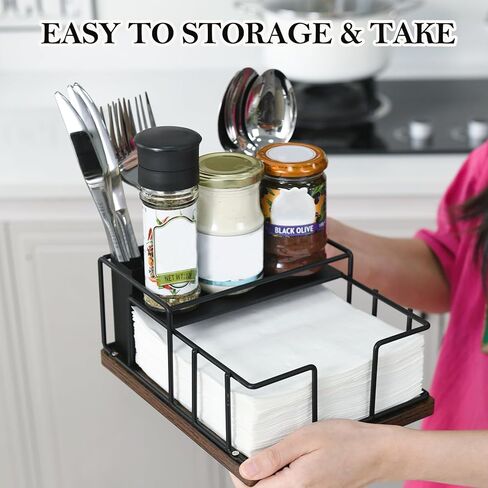 Napkin Holder for Paper Napkins,Flat Napkin And Utensils Holder For Kitchen Dining Table Wood Black Napkin Holders Cutlery Storage Box in Saudi Arabia