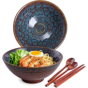 HOKELER Ceramic Japanese Ramen Bowl Set, 2 Sets Asian Pho Udon Soup Noodle Bowls with Spoons and Chopsticks (Peacock Green, 8 inches) in Saudi Arabia