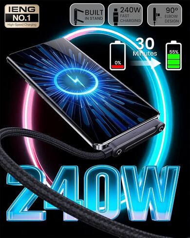 كابل نوع C 240 واط USB-C شحن حامل غير مرئي شحن USB C Android C إلى شاحن متعدد تلقائي مع تصميم سوار يمكن ارتداؤه 4 في 1 90 درجة زاوية يمنى تي شيرت سلك بيانات ملفوف (النوع C-النوع C) in Kuwait