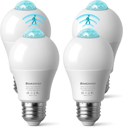 4-Pack Motion Sensor Light Bulbs, 12W(100W Equivalent) E26 A19 Security LED Bulb Outdoor/Indoor, Motion Activated Dusk to Dawn Bulb(Energy Efficient) for Front Porch, Garage, Basement, Hallway, Stairs in Saudi Arabia