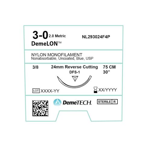 DEMETECH DemeLON خياطة أحادية النايلون غير قابلة للامتصاص، DFS-1، 24 مم، 3/8 دائرة، إبرة قطع عكسية، مقاس USP 3-0، 30 بوصة، (75 سم)، أزرق in Kuwait