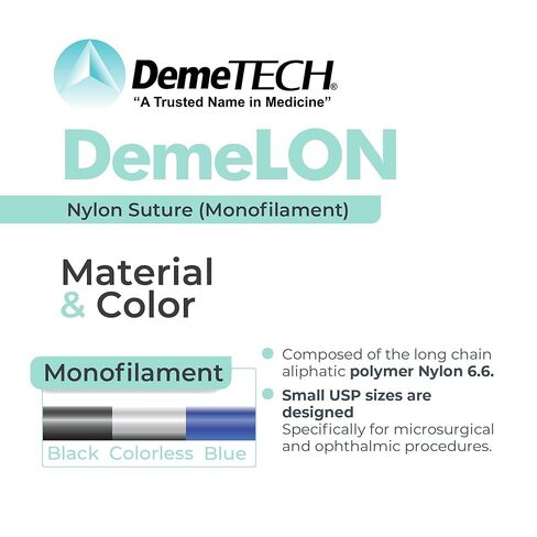 DEMETECH DemeLON خياطة أحادية النايلون غير قابلة للامتصاص، DFS-1، 24 مم، 3/8 دائرة، إبرة قطع عكسية، مقاس USP 3-0، 30 بوصة، (75 سم)، أزرق in Kuwait