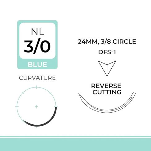 DEMETECH DemeLON خياطة أحادية النايلون غير قابلة للامتصاص، DFS-1، 24 مم، 3/8 دائرة، إبرة قطع عكسية، مقاس USP 3-0، 30 بوصة، (75 سم)، أزرق in Kuwait