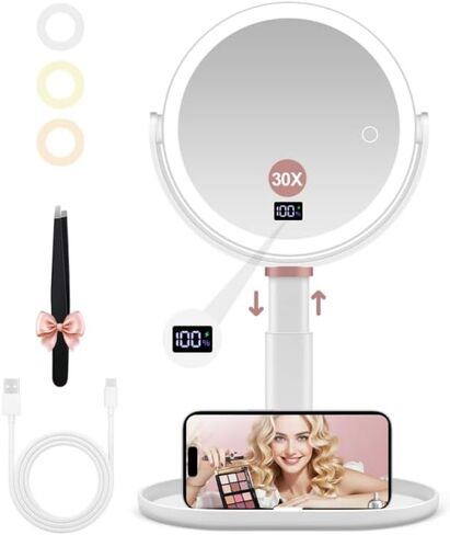 Lighted Makeup Mirror with 30X/10X/5X Magnification, Detachable Design for Travel, Rechargeable Trifold Mirror with 3 Color& Adjustable Brightness, Portable Makeup Mirror with Lights for Desk in Kuwait