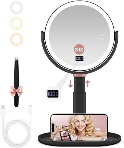 Lighted Makeup Mirror with 30X/10X/5X Magnification, Detachable Design for Travel, Rechargeable Trifold Mirror with 3 Color& Adjustable Brightness, Portable Makeup Mirror with Lights for Desk in Kuwait