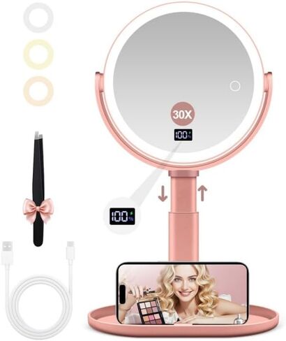 Lighted Makeup Mirror with 30X/10X/5X Magnification, Detachable Design for Travel, Rechargeable Trifold Mirror with 3 Color& Adjustable Brightness, Portable Makeup Mirror with Lights for Desk in Kuwait