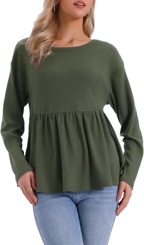 Allegra K Waffle Knit Top for Women's 2025 Fall Winter Babydoll Long Sleeve Loose Peplum Blouse in Saudi Arabia