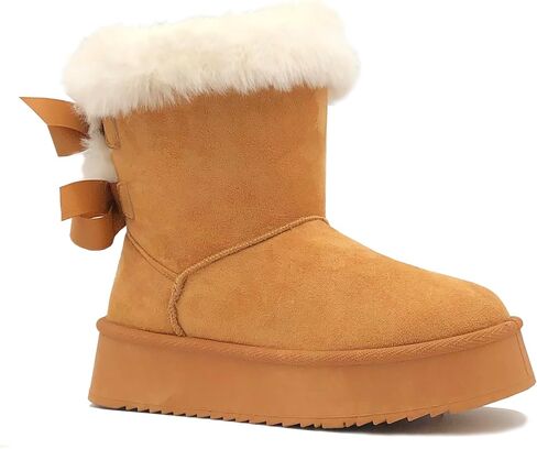 REDVOLUTION Women's Classic Fuzzy Platform Boot Fringe Accent Snow Boots Butterfly Bow-Accent Fashion Boots with Anti-Slip Outsole Outdoor in Kuwait