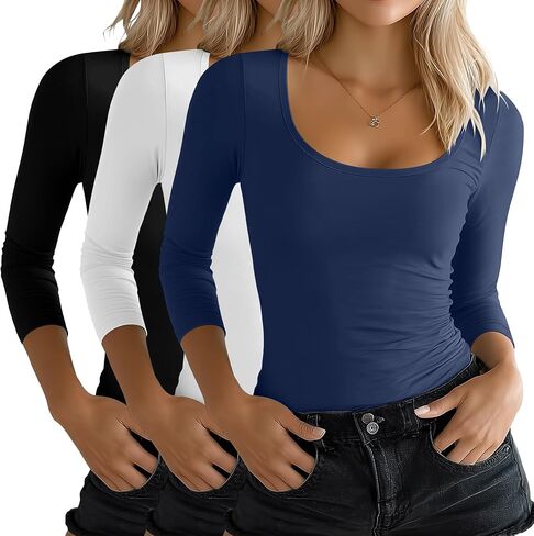 Ficerd 3 Pack Women's 3/4 قمصان الأكمام ، مغرفة القطن القطن النحيف ناعمًا ناعمًا U. in Kuwait
