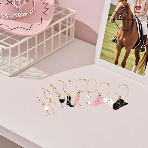 Pronature Cowboy Wine Charms Western Cowboy Boot Hat Glass Pendant, Glass Marker for Party, Texas, 0.98inch Hoop, Gift for Wine Lover in Saudi Arabia