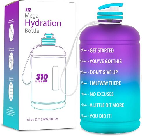 310 Nutrition Mega Hydration Bottle 64oz - BPA Free Large Water Bottle with Time Markers, Wide Mouth and Carry Handle for Daily Hydration, Gym, Office, Travel and Outdoor Use - Purple/Turquoise Ombre in Saudi Arabia