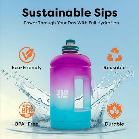 310 Nutrition Mega Hydration Bottle 64oz - BPA Free Large Water Bottle with Time Markers, Wide Mouth and Carry Handle for Daily Hydration, Gym, Office, Travel and Outdoor Use - Purple/Turquoise Ombre in Saudi Arabia