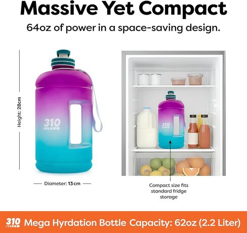 310 Nutrition Mega Hydration Bottle 64oz - BPA Free Large Water Bottle with Time Markers, Wide Mouth and Carry Handle for Daily Hydration, Gym, Office, Travel and Outdoor Use - Purple/Turquoise Ombre in Saudi Arabia