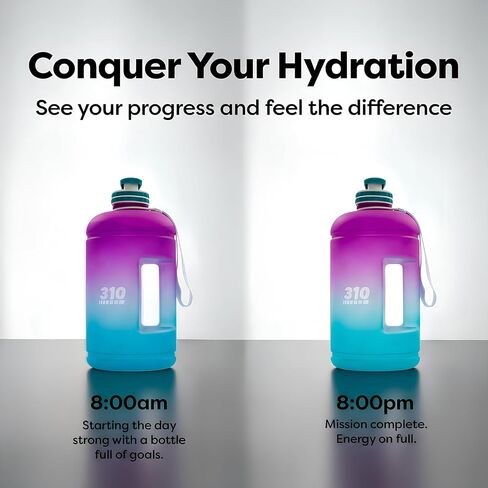 310 Nutrition Mega Hydration Bottle 64oz - BPA Free Large Water Bottle with Time Markers, Wide Mouth and Carry Handle for Daily Hydration, Gym, Office, Travel and Outdoor Use - Purple/Turquoise Ombre in Saudi Arabia