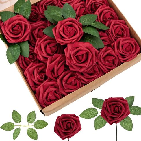 Cliselda 100Pcs Red Fake Roses Artificial Flowers with Stems, Valentine's Day Gifts, Real Touch Foam Rose Bulk Faux Flowers for Wedding Bouquets Centerpieces Flower Arrangement in Kuwait