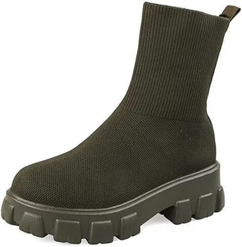 Women's Stretch Knit Boots Round Toe Block Heels Socks Boots Platform Chelsea Boots Elastic Mid Heel Slip-on knitting boots Chunky Heel Lug Sole Non-Slip Sock Booties in Kuwait