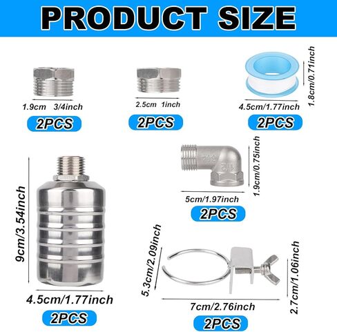 2 Set Water Float Valve Kit, Stainless Steel Leak-Proof Automatic Water Level Control Float Valve 1/2" Male Thread Shut off Valves for Fish Tank Pool Livestock Trough Distiller in Saudi Arabia