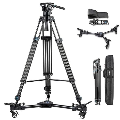 Fotopro 71.25 "ترايبود رأس السوائل من الألومنيوم للفيديو ، مقلاة 360 درجة ، -75/+90 درجة ، حامل ترايبود ثقيل مع 1/4" و 3/8 "QR لوحة ، انتشار منتصف المستوى لكاميرا DSLR ، MAX LOAD 17.6 LBS ، DV-3A in Kuwait