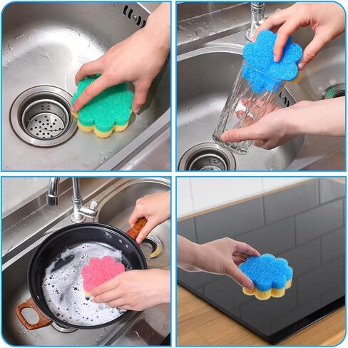Oruola 3pcs Scrubbies for Dishes,Kitchen Scrub Pads,Dish Washing Sponge,Dual-Sided Temperature Scrubby Sponges,Flower Dual-Sided Sponge for Dish,Bathroom,Kitchen,Washing & Plus,Multipurpose in Saudi Arabia