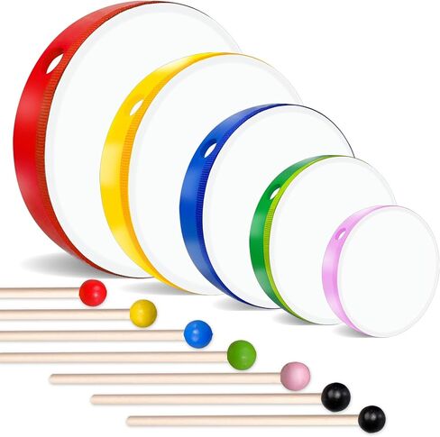 10 Pcs Kids Hand Drums Wood Frame Drum Set with Drum Stick 12 Inch 10 Inch 8 Inch 6 Inch 4 Inch Multicolor Percussion Musical Instruments for School Kids Adults Beginners Home Party Supplies in Kuwait