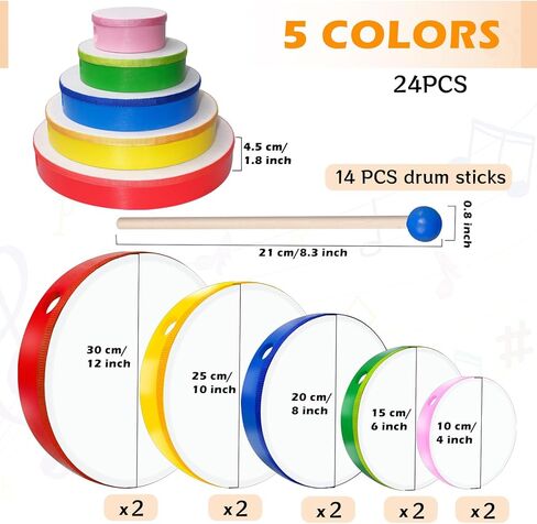 10 Pcs Kids Hand Drums Wood Frame Drum Set with Drum Stick 12 Inch 10 Inch 8 Inch 6 Inch 4 Inch Multicolor Percussion Musical Instruments for School Kids Adults Beginners Home Party Supplies in Kuwait