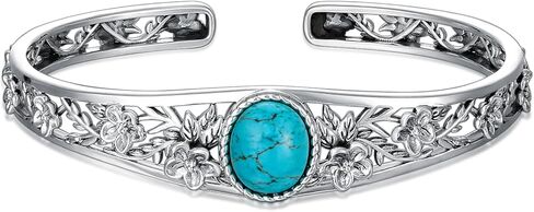 Genuine Turquoise Vintage Lily Flower Bracelet Bangle, Sterling Silver Boho Adjustable Bangle Cuff Native American Jewelry for Women, Fit for 6.5 7 7.5 Inches in Saudi Arabia