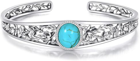 Genuine Turquoise Vintage Lily Flower Bracelet Bangle, Sterling Silver Boho Adjustable Bangle Cuff Native American Jewelry for Women, Fit for 6.5 7 7.5 Inches in Saudi Arabia