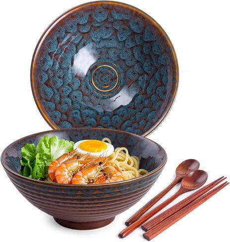 HOKELER Ceramic Japanese Ramen Bowl Set, 2 Sets Asian Pho Udon Soup Noodle Bowls with Spoons and Chopsticks (Peacock Green, 8 inches) in Saudi Arabia