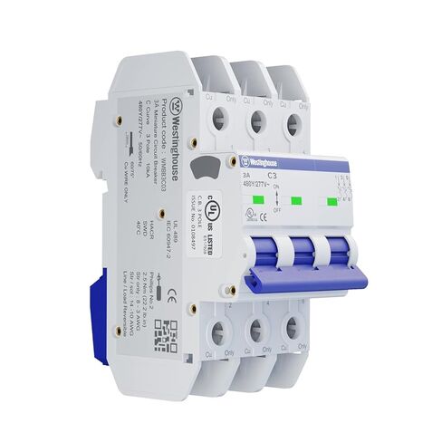 Westinghouse UL 489 AC Miniature Circuit Breaker, 3 Amp, 3 Pole, C Curve, 480Y/277V AC, 10kA SCCR, Thermal Magnetic Trip, DIN Rail Breaker, White, WMBB3C03-1 in Saudi Arabia
