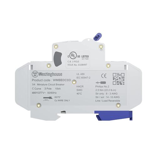 Westinghouse UL 489 AC Miniature Circuit Breaker, 3 Amp, 3 Pole, C Curve, 480Y/277V AC, 10kA SCCR, Thermal Magnetic Trip, DIN Rail Breaker, White, WMBB3C03-1 in Saudi Arabia