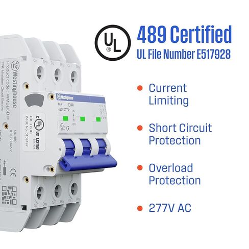 Westinghouse UL 489 AC Miniature Circuit Breaker, 3 Amp, 3 Pole, C Curve, 480Y/277V AC, 10kA SCCR, Thermal Magnetic Trip, DIN Rail Breaker, White, WMBB3C03-1 in Saudi Arabia