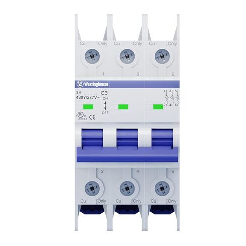 Westinghouse UL 489 AC Miniature Circuit Breaker, 3 Amp, 3 Pole, C Curve, 480Y/277V AC, 10kA SCCR, Thermal Magnetic Trip, DIN Rail Breaker, White, WMBB3C03-1 in Saudi Arabia